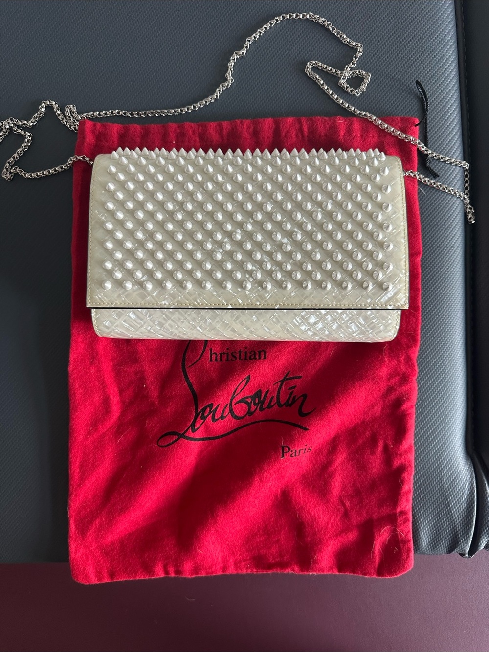 Christian Louboutin Cream Spike Studded iridescent Bag with Silver Chain